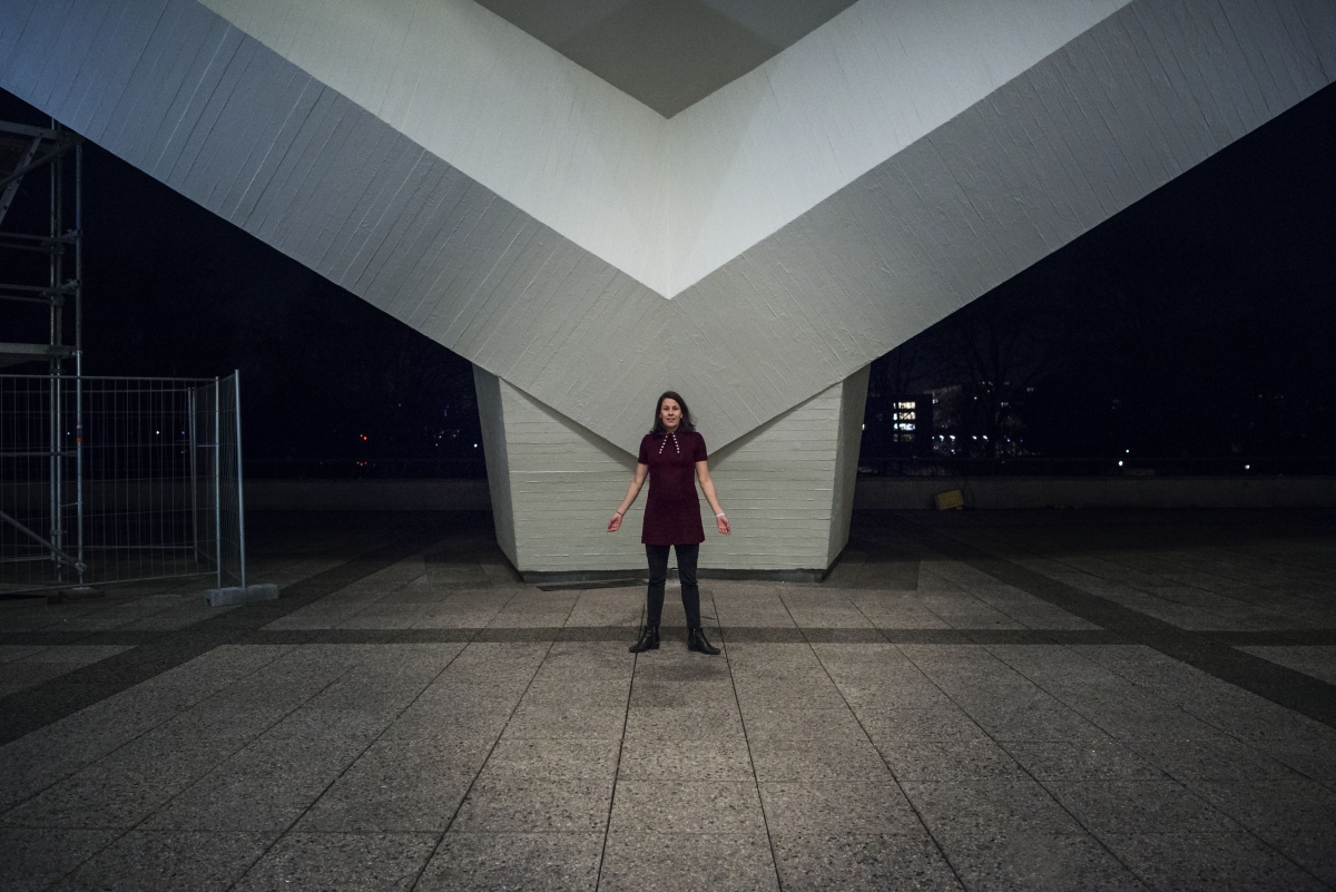 Alison Powellin front of the HKW, academic and activist, photographed by Lydia Goolia